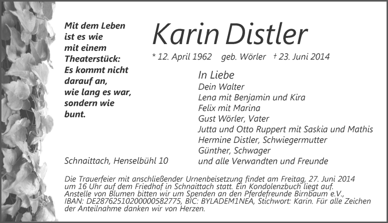  Traueranzeige für Karin Distler vom 26.06.2014 aus Pegnitz-Zeitung
